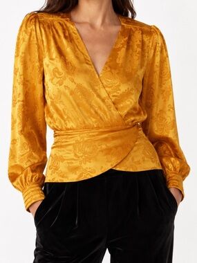 Ronny Kobo - Lorrie Satin Long Sleeve Blouse - Yellow - Size Large - NWT